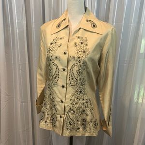Silk gold button down top. Black embroidery. M